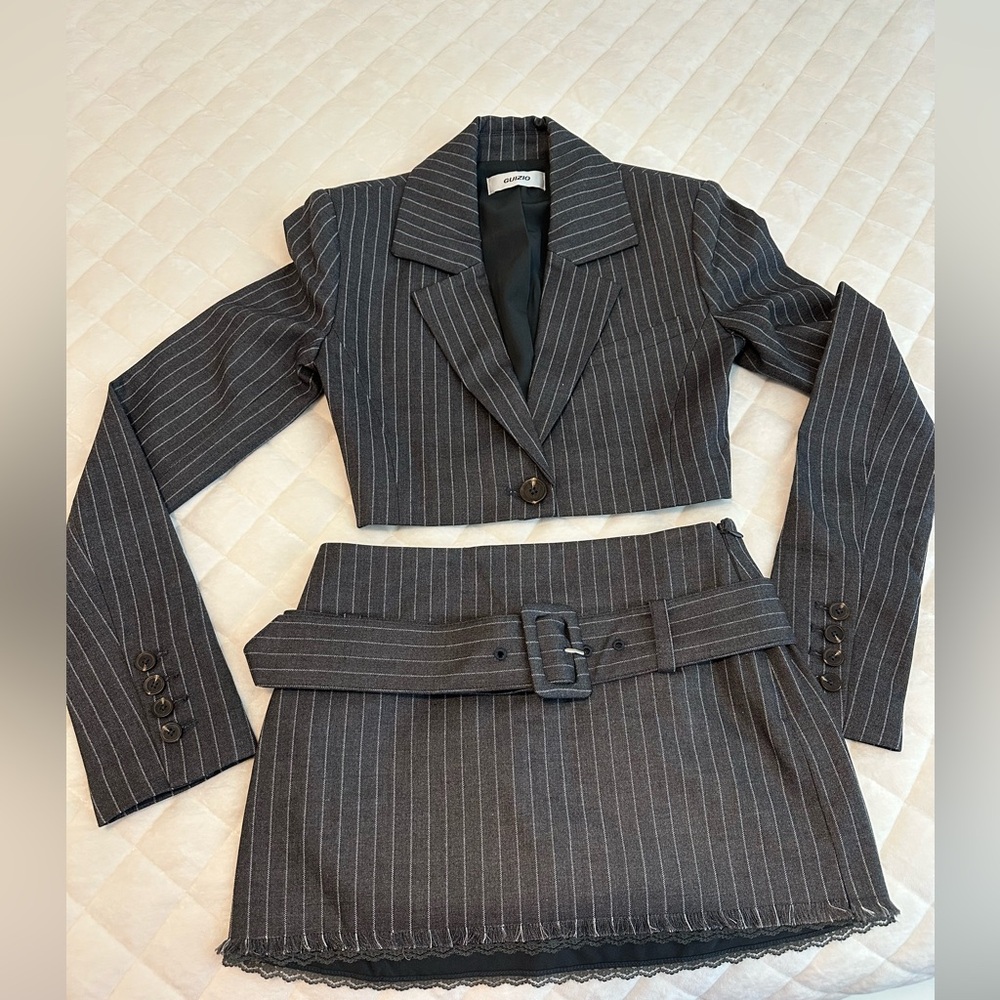 Danielle guizo pin stripe cropped blazer and matching skirt